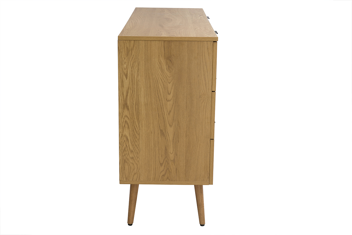 Com finitura legno chiaro, intreccio in rattan e metallo nero 3 cassetti L120 cm MANILLE