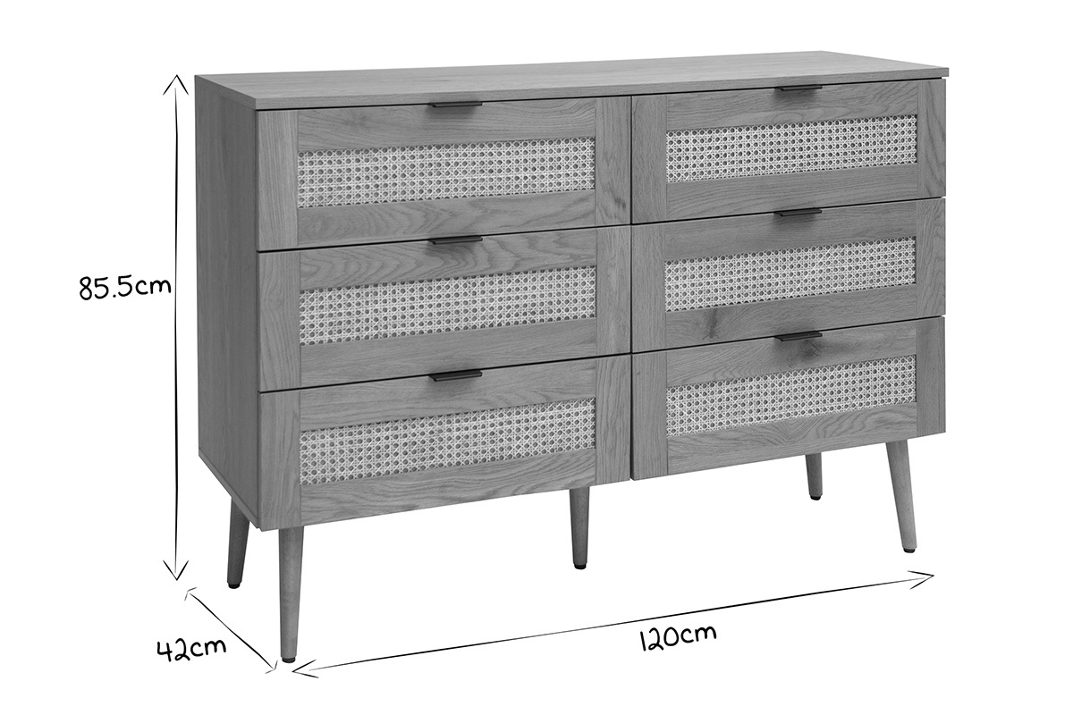 Com finitura legno chiaro, intreccio in rattan e metallo nero 3 cassetti L120 cm MANILLE
