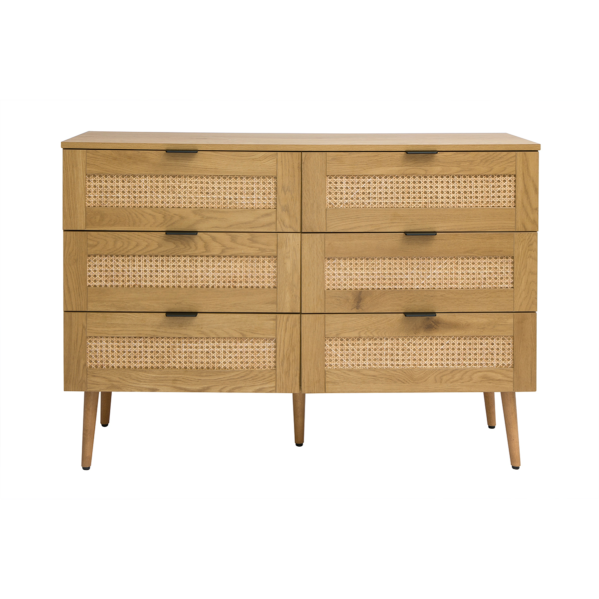 Comò finitura legno chiaro, intreccio in rattan e metallo nero 3 cassetti L120 cm MANILLE