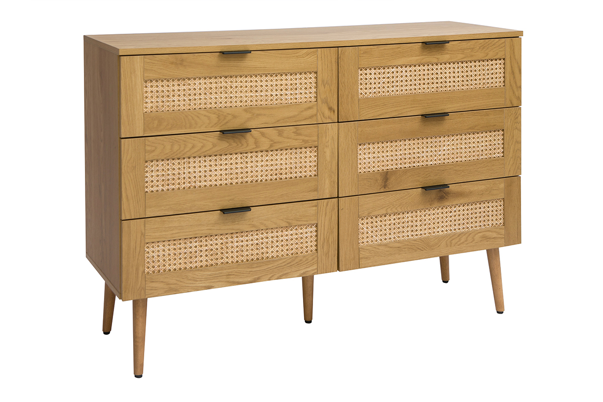 Com� finitura legno chiaro, intreccio in rattan e metallo nero 6 cassetti L120 cm MANILLE
