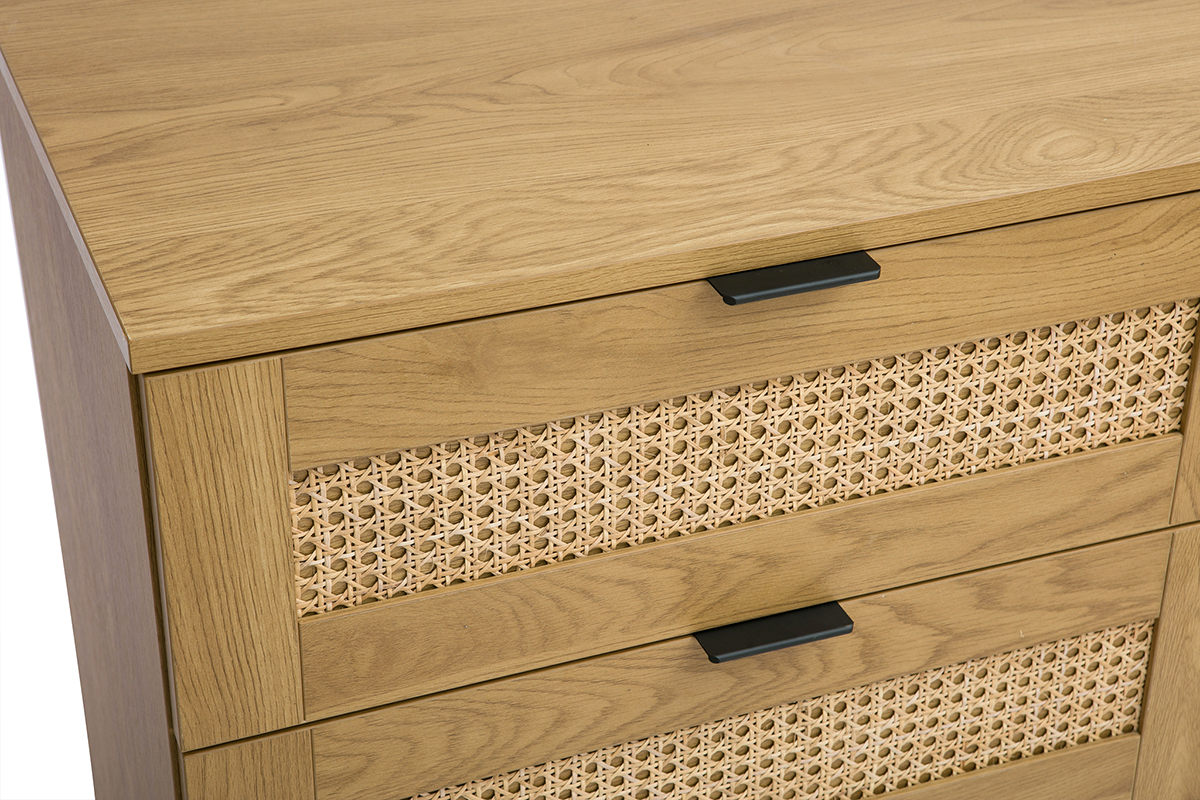 Com� finitura legno chiaro, intreccio in rattan e metallo nero 6 cassetti L120 cm MANILLE