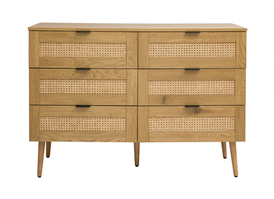Com&ograve; finitura legno chiaro, intreccio in rattan e metallo nero 6 cassetti L120 cm MANILLE