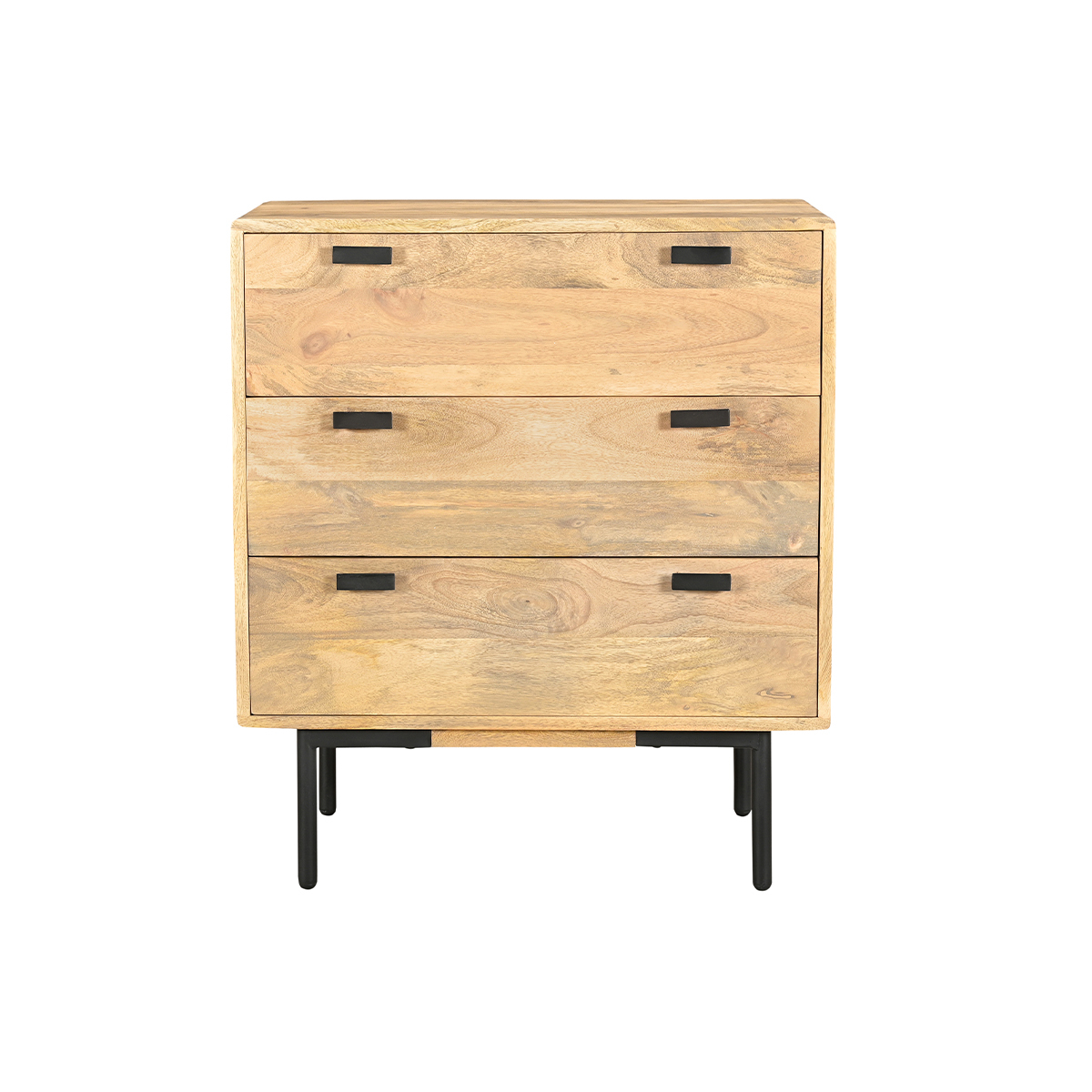 Comò in legno chiaro massello di mango e metallo nero 3 cassetti L70 cm JUDE