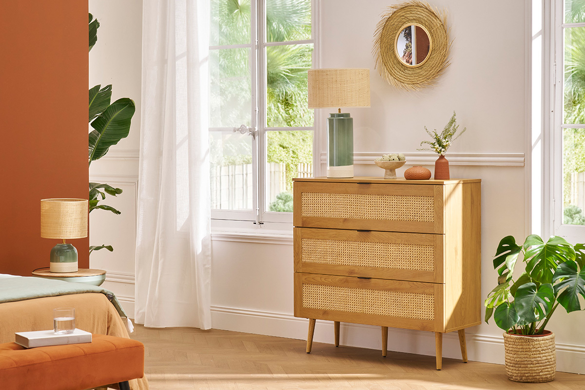 Com in legno chiaro, motivo a intreccio in rattan e metallo nero 3 cassetti L100 cm MANILLE