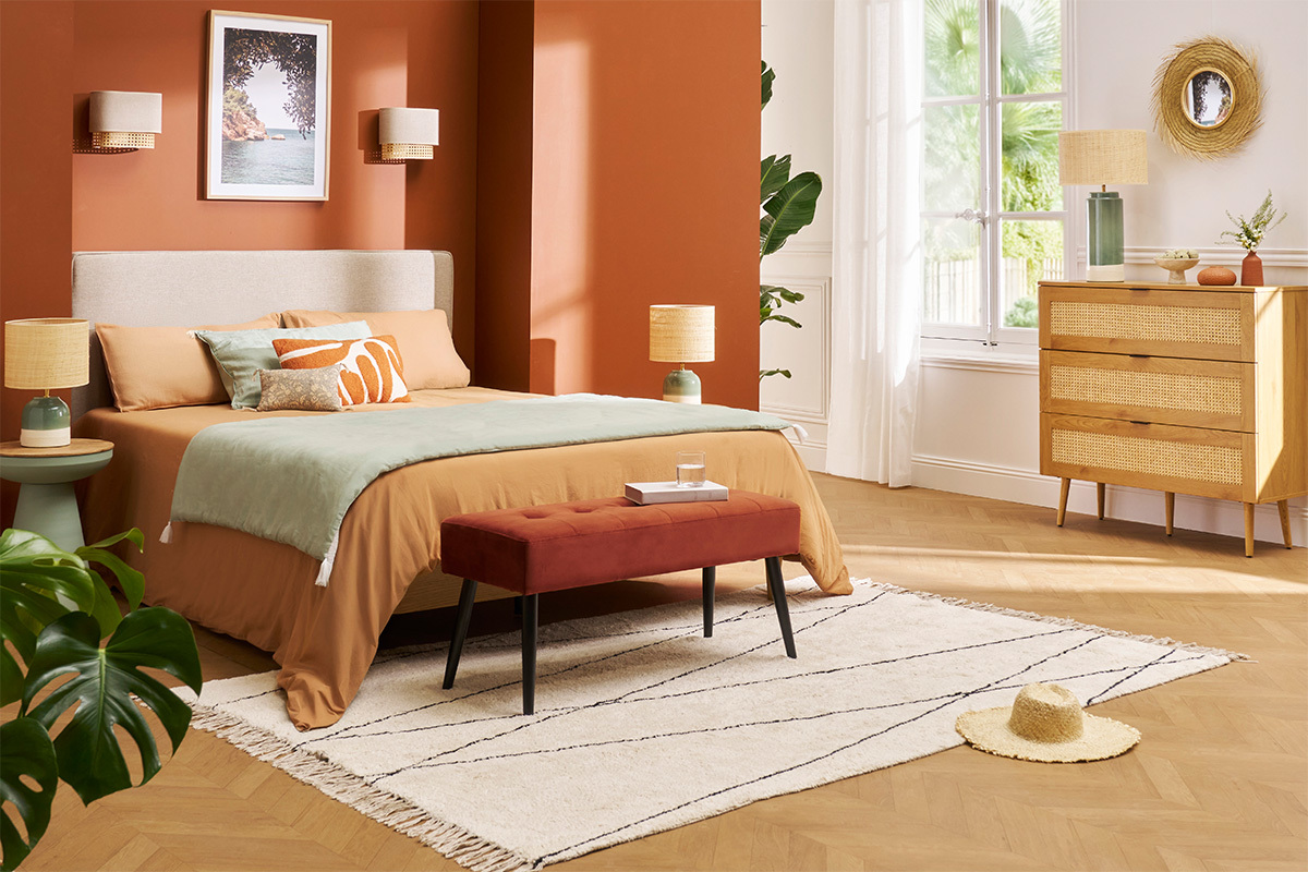 Com in legno chiaro, motivo a intreccio in rattan e metallo nero 3 cassetti L100 cm MANILLE