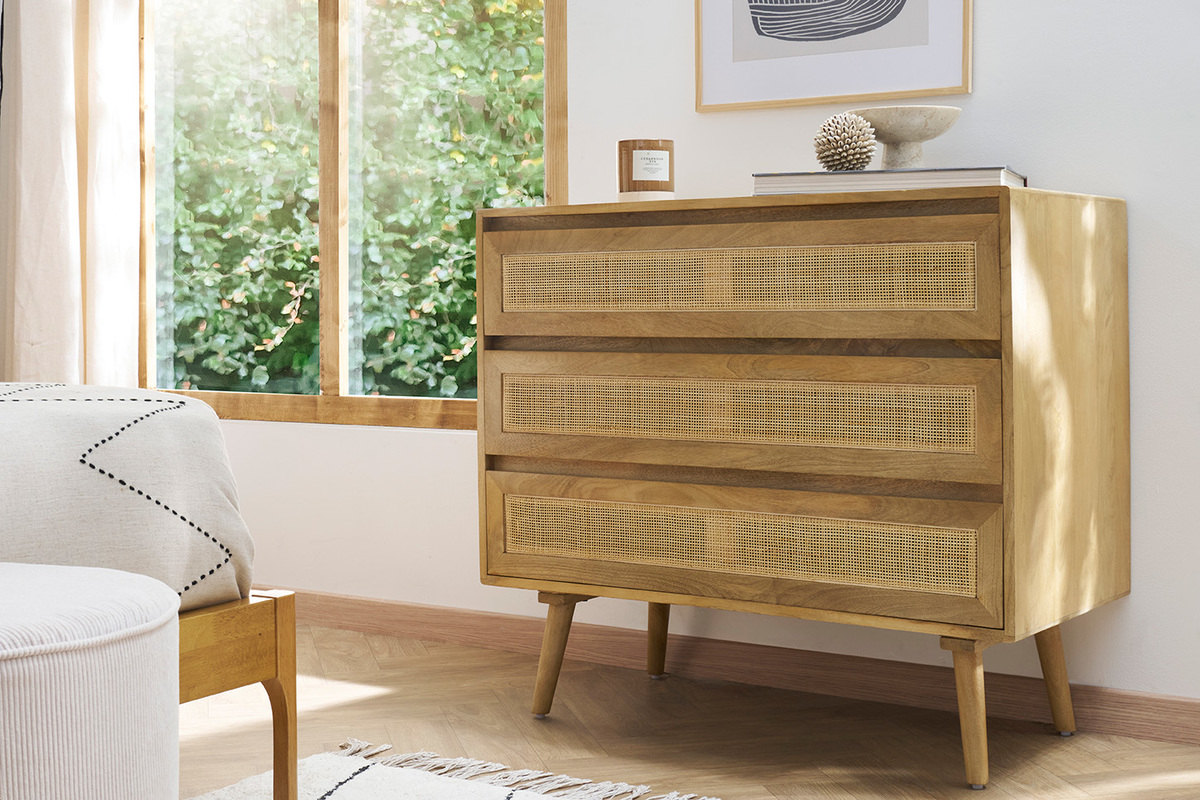 Com in legno massello di mango e motivo a intreccio rattan 3 cassetti L90 cm ACANGE