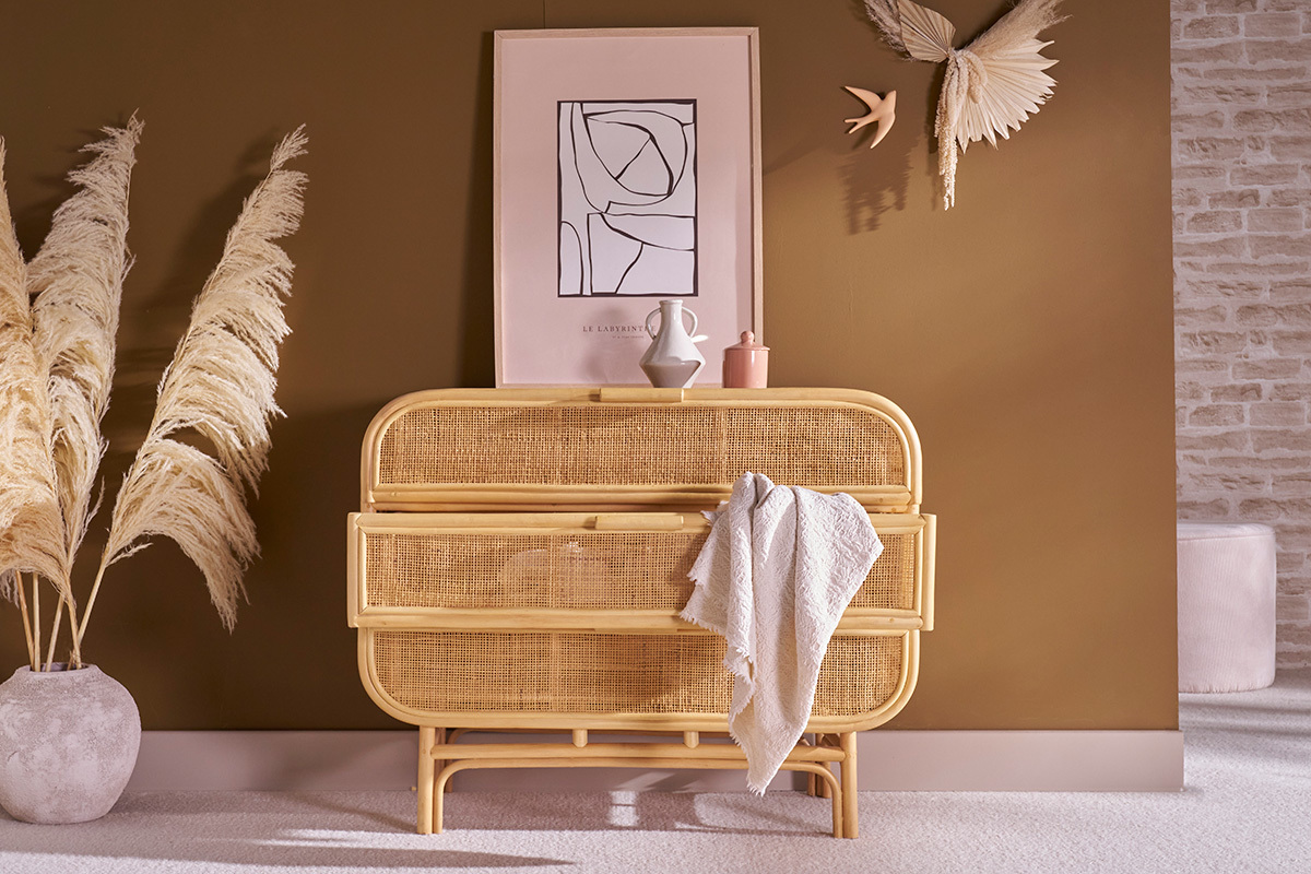 Comò In Rattan 130 Cm Boho A 6 Cassetti Con Maniglie Dorate - Cassettiera In Legno Per Camera Da Letto
