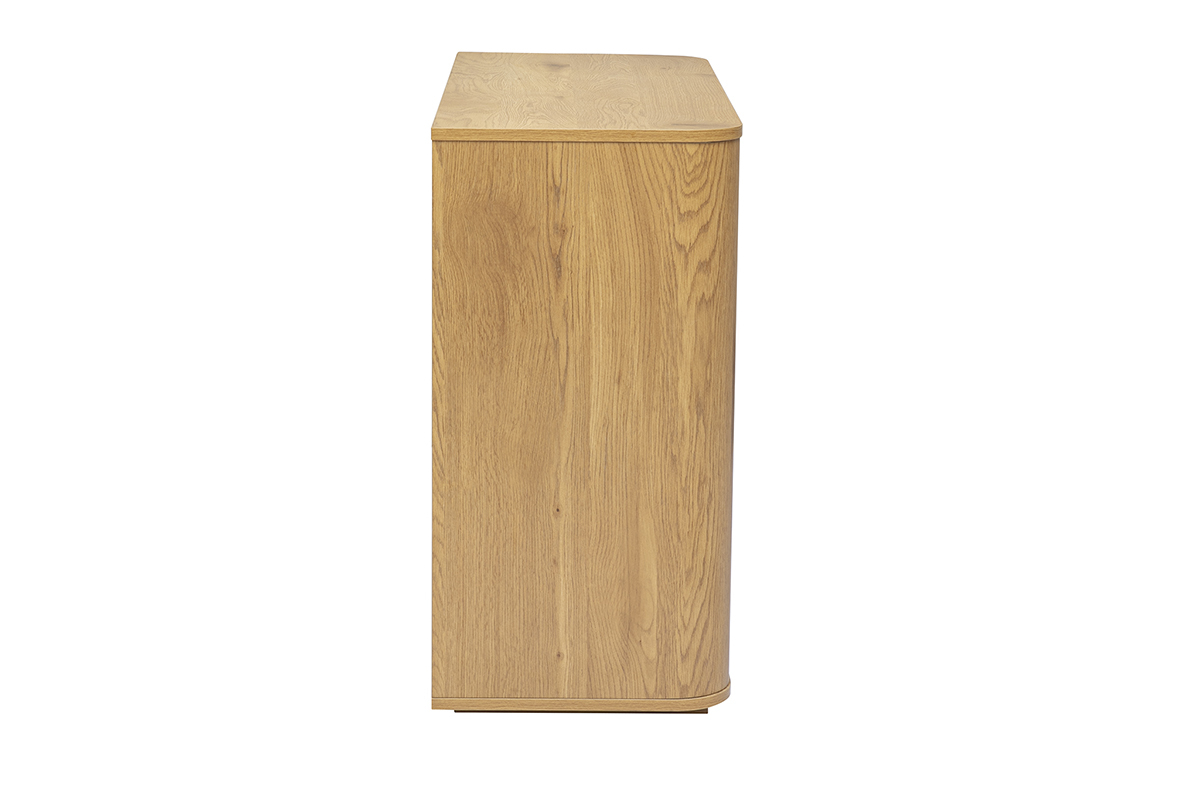 Com� in legno chiaro di rovere, vista di profilo, 3 cassetti, stile essenziale e moderno.