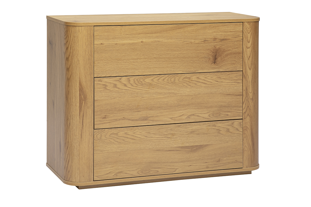 Com� NEGAN in legno chiaro di rovere, 3 cassetti, vista in 3/4.