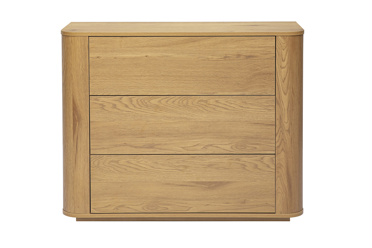 Com� in legno chiaro di rovere con 3 cassetti, vista frontale.