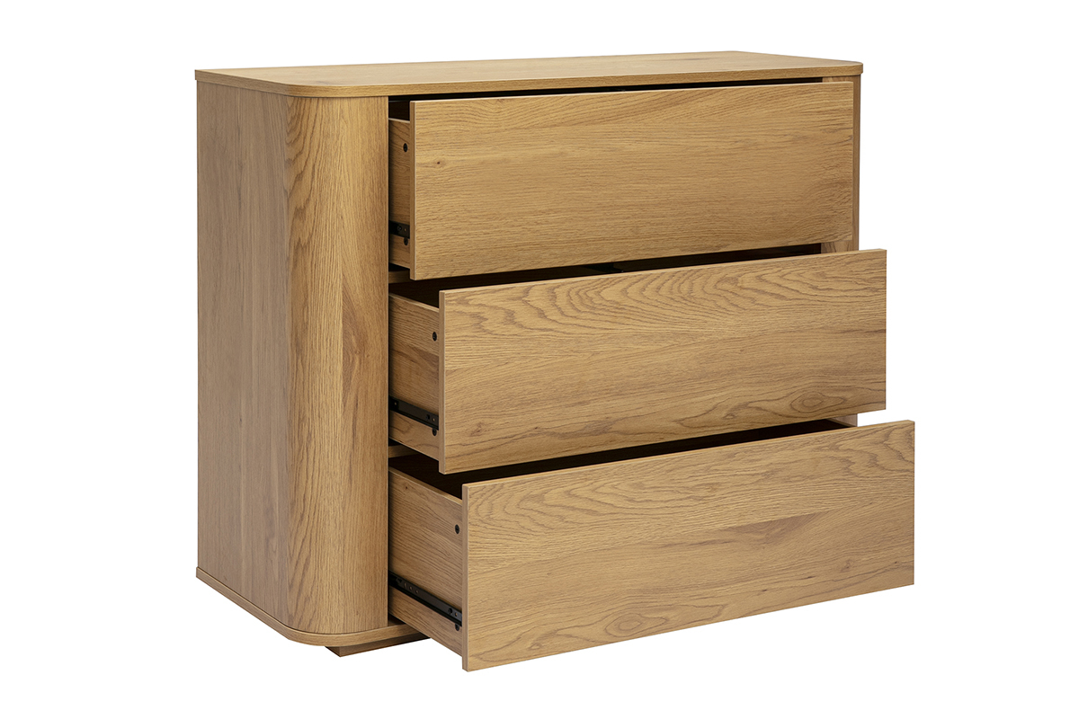 Com� NEGAN in legno chiaro rovere, 3 cassetti, vista in 3/4