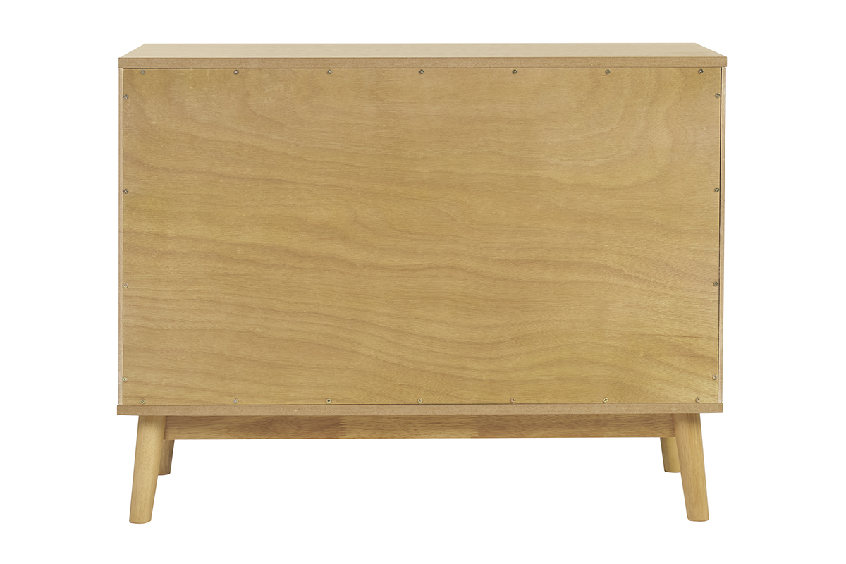 Vista posteriore della credenza scandinava in legno chiaro di quercia con piedi a bussola in hevea.