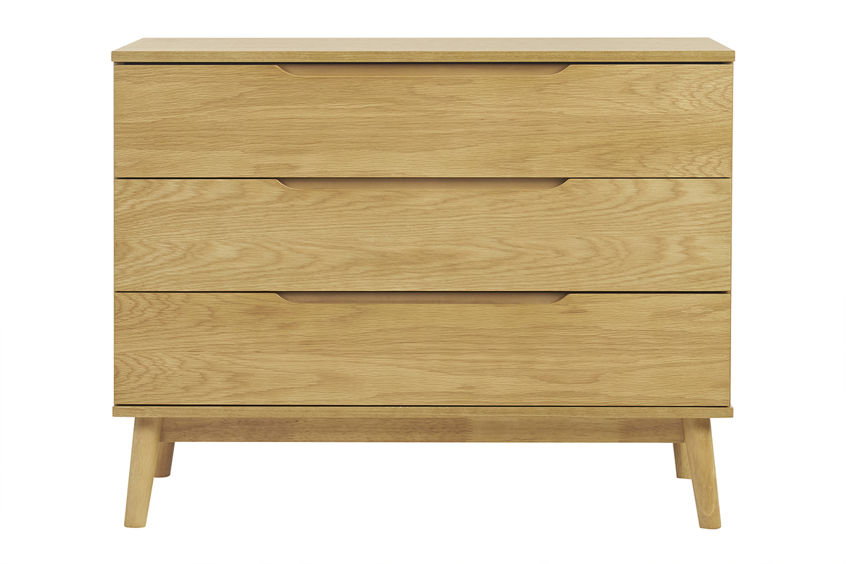 Cassettiera scandinava in legno chiaro di quercia con 3 cassetti FELIX, vista frontale con maniglie incassate.