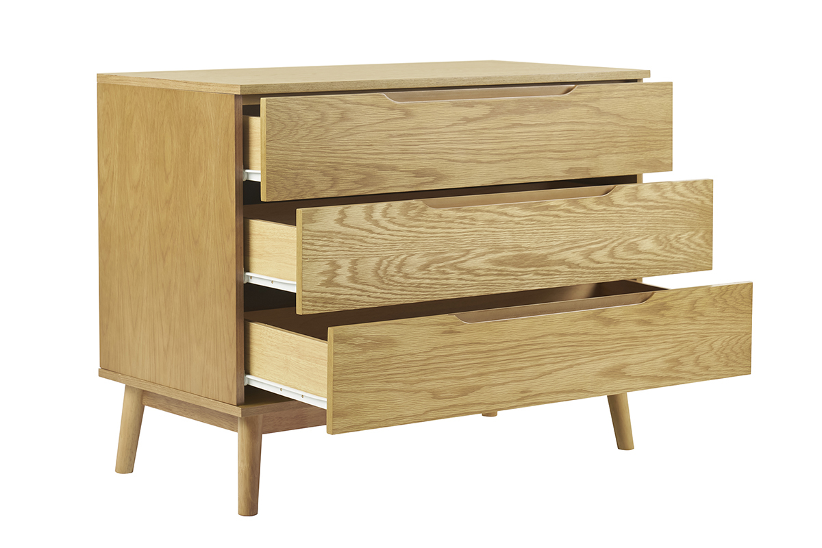 Cassettiera scandinava in legno chiaro, 3 cassetti aperti, vista laterale.