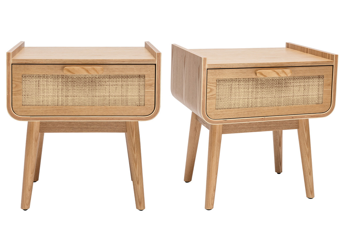 Comodini con cassetto in legno massello chiaro e motivo a intreccio in rattan (set di 2) ATHNE