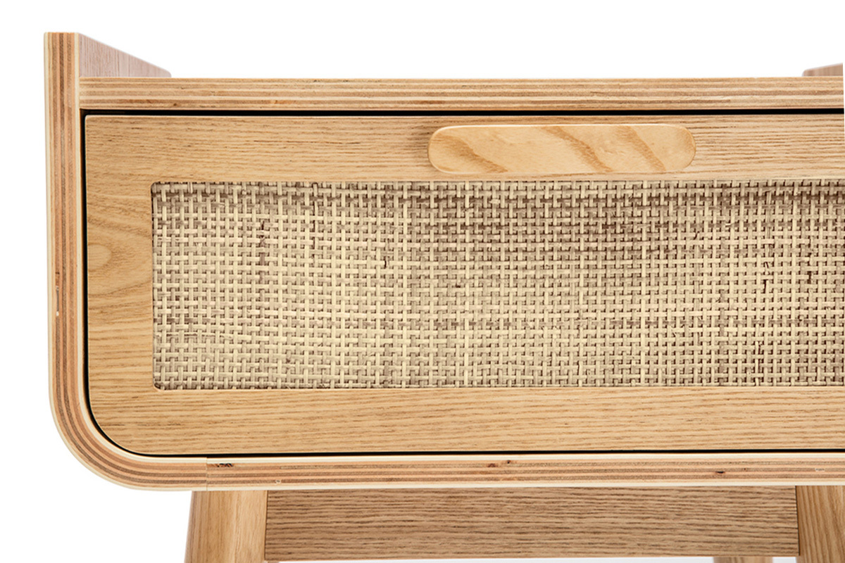 Comodini con cassetto in legno massello chiaro e motivo a intreccio in rattan (set di 2) ATHNE