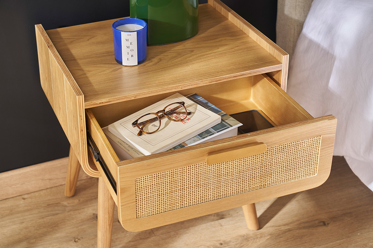 Comodini con cassetto in legno massello chiaro e motivo a intreccio in rattan (set di 2) ATHNE
