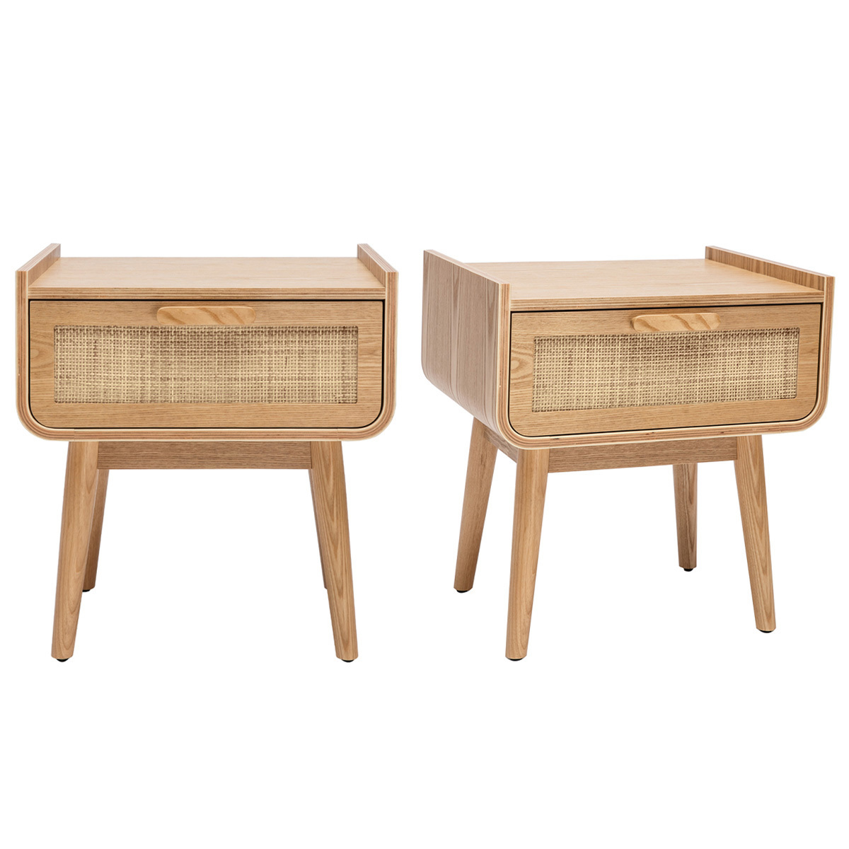 Comodini con cassetto in legno massello chiaro e motivo a intreccio in rattan (set di 2) ATHÈNE