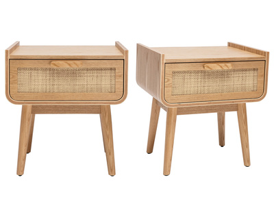 Comodini con cassetto in legno massello chiaro e motivo a intreccio in rattan (set di 2) ATHÈNE