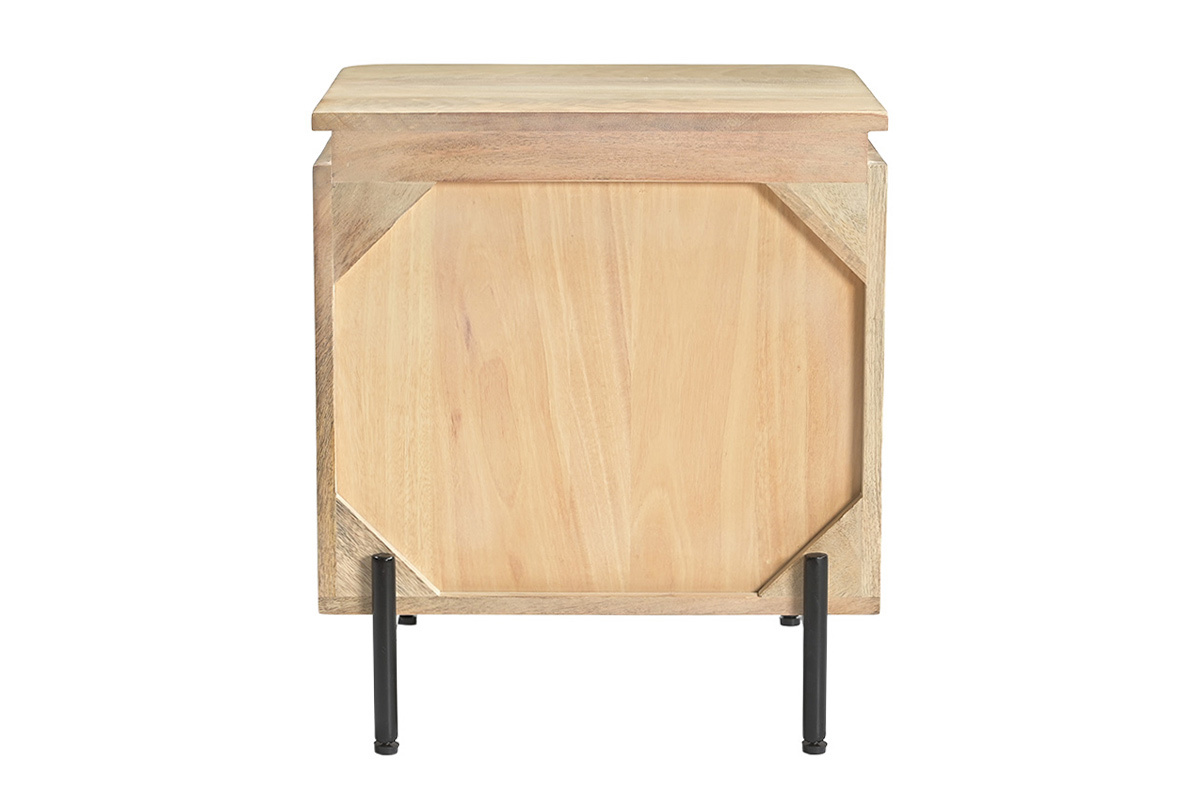 Comodino in legno massello di mango e metallo nero, vista da dietro, con ripiano interno.