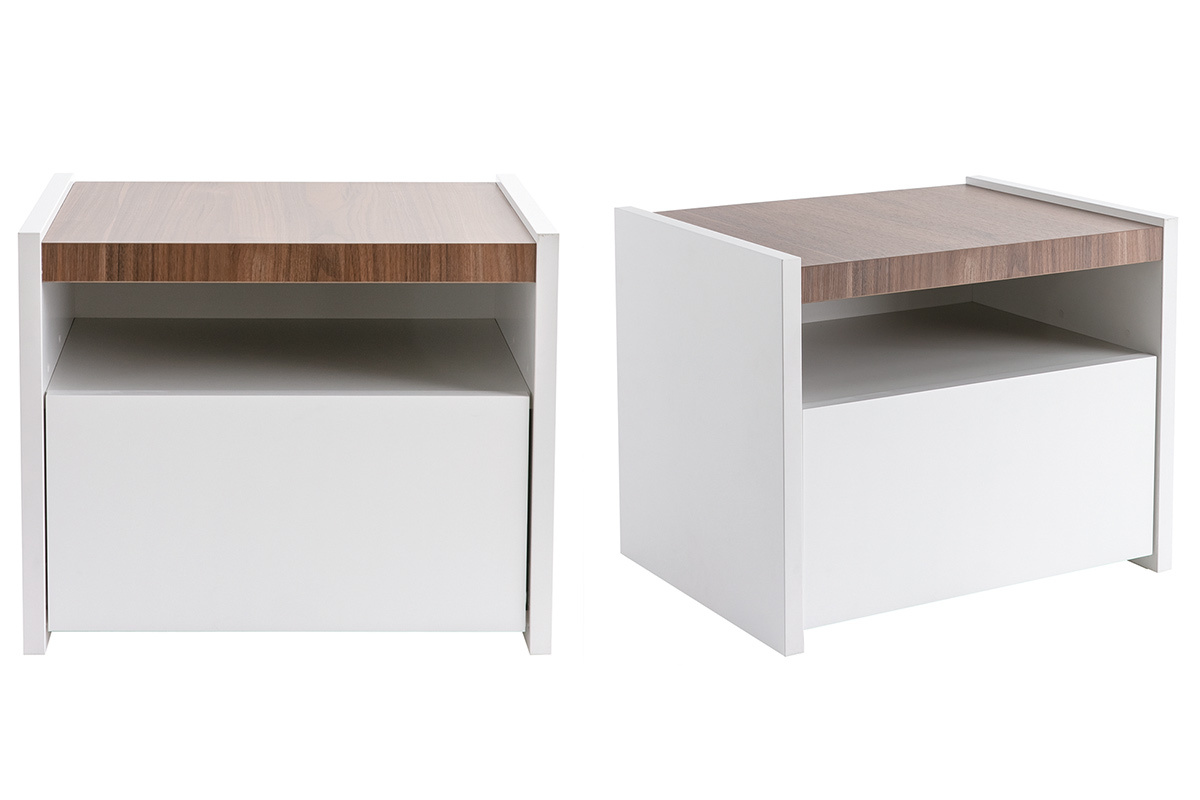 Comodini design con cassetto bianco opaco e finitura noce (set di 2) VERDI