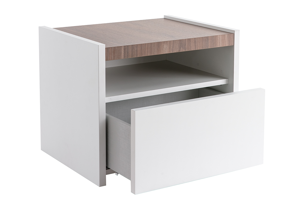 Comodini design con cassetto bianco opaco e finitura noce (set di 2) VERDI