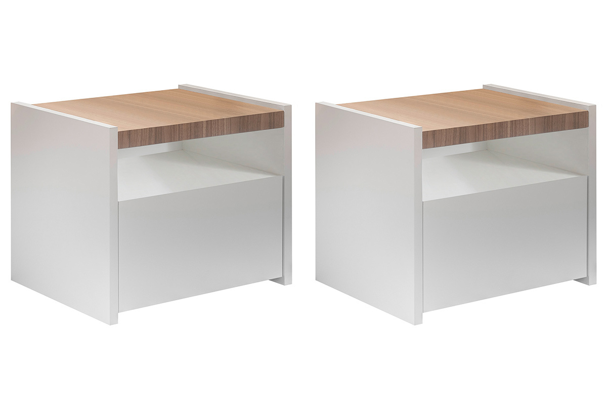 Comodini design con cassetto bianco opaco e finitura rovere (set di 2) VERDI