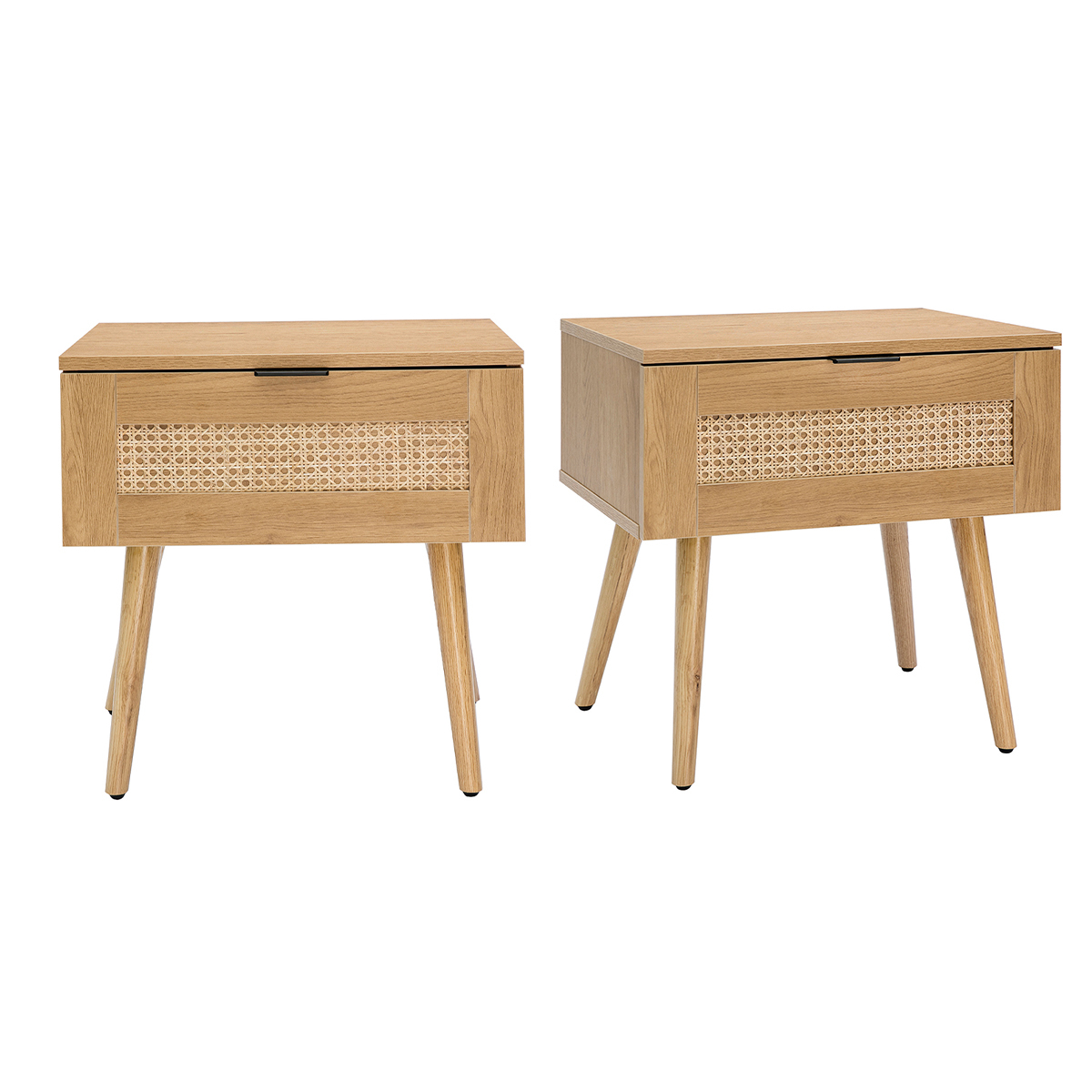 Comodini finitura legno chiaro, motivo a intreccio rattan e metallo nero (set di 2) MANILLE