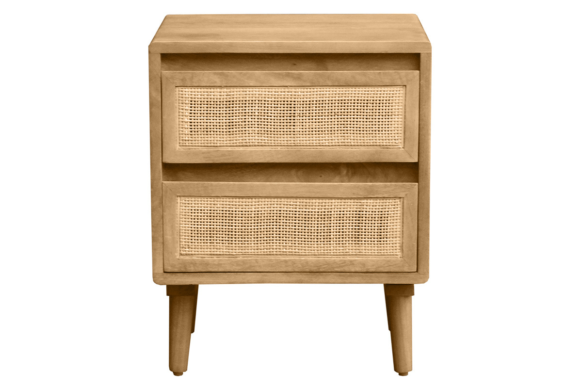 Comodino in legno massello di mango con intreccio in rattan, vista frontale, due cassetti.