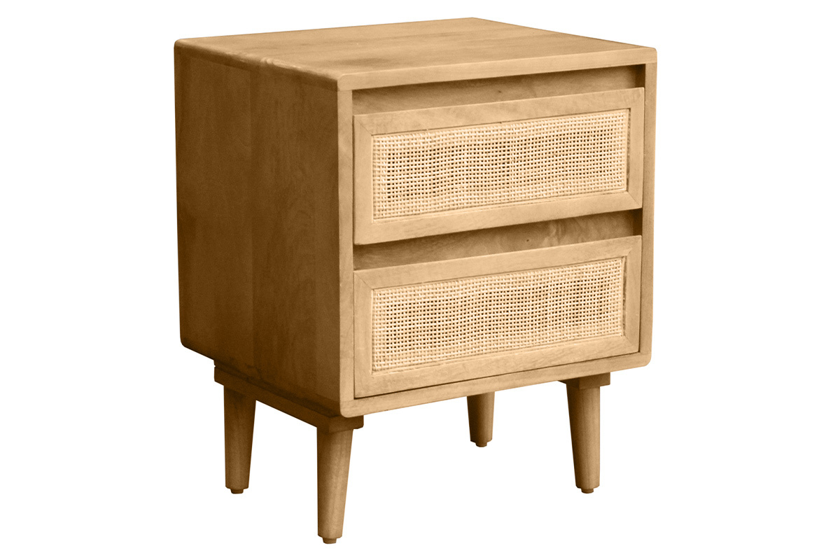 Comodino in legno di mango con cassetti in rattan intrecciato, vista a 3/4