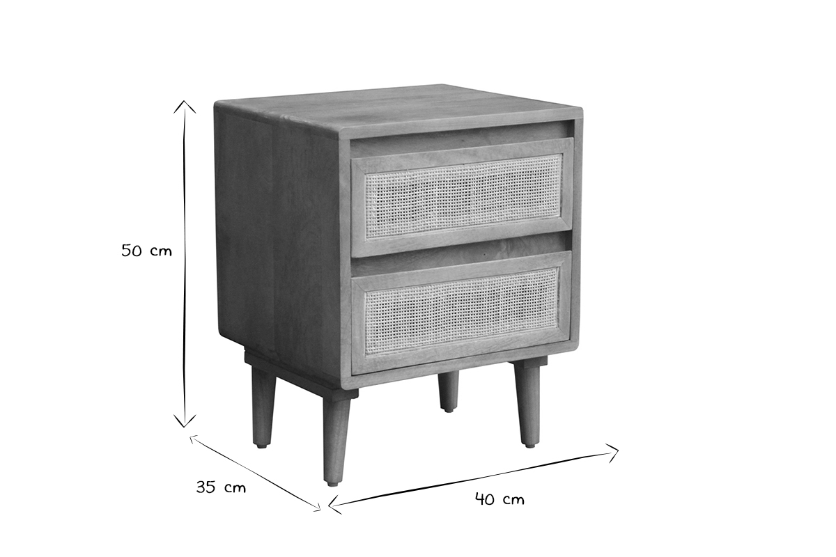 Dimensioni dei comodini: L40 x P35 x H50 cm, in bianco e nero.