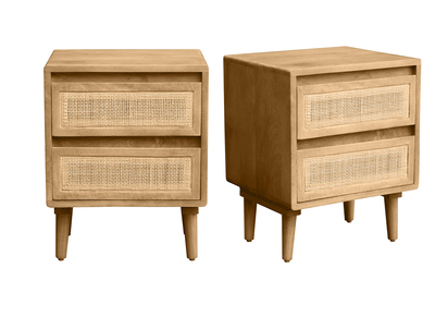 Comodini in legno massello di mango e intreccio in rattan con spazio contenitore 2 cassetti (set di 2) ACANGE