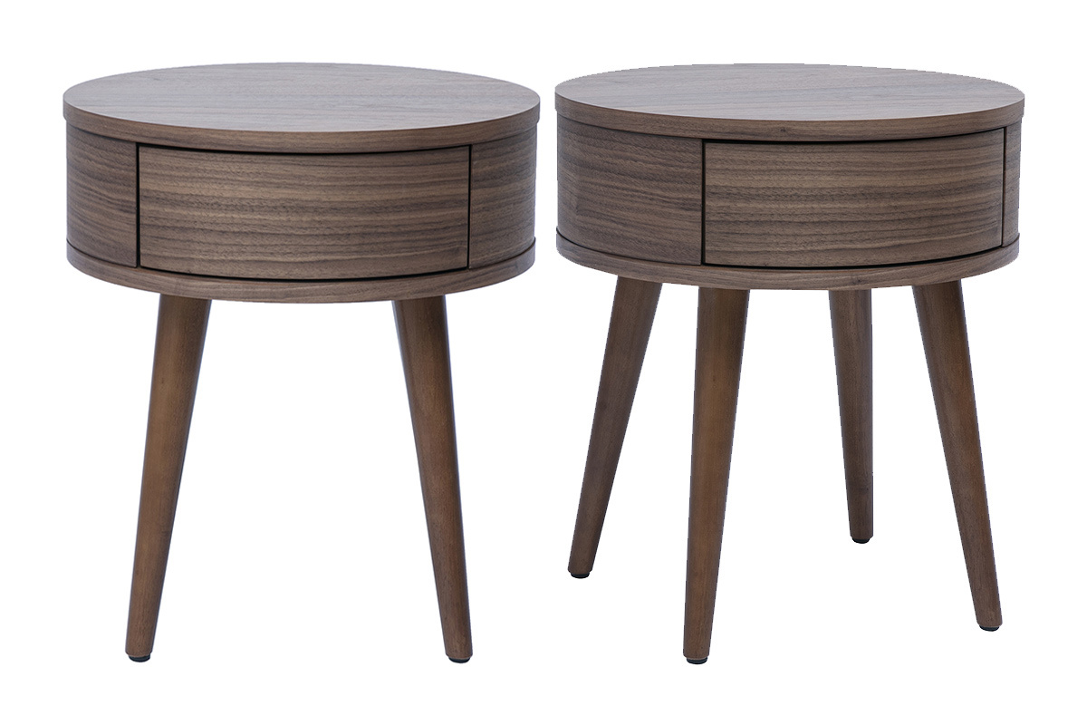 Due comodini rotondi in legno scuro con cassetto, vista frontale.