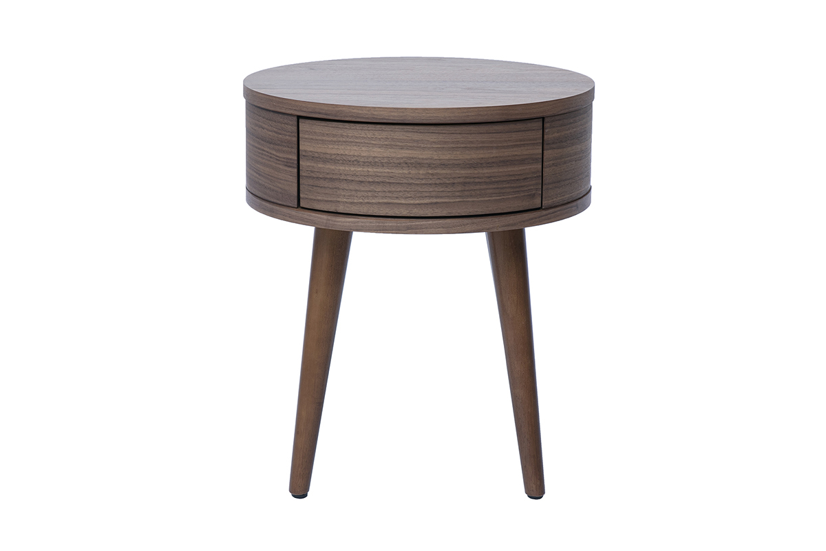 Comodino rotondo in legno scuro con cassetto, vista frontale.