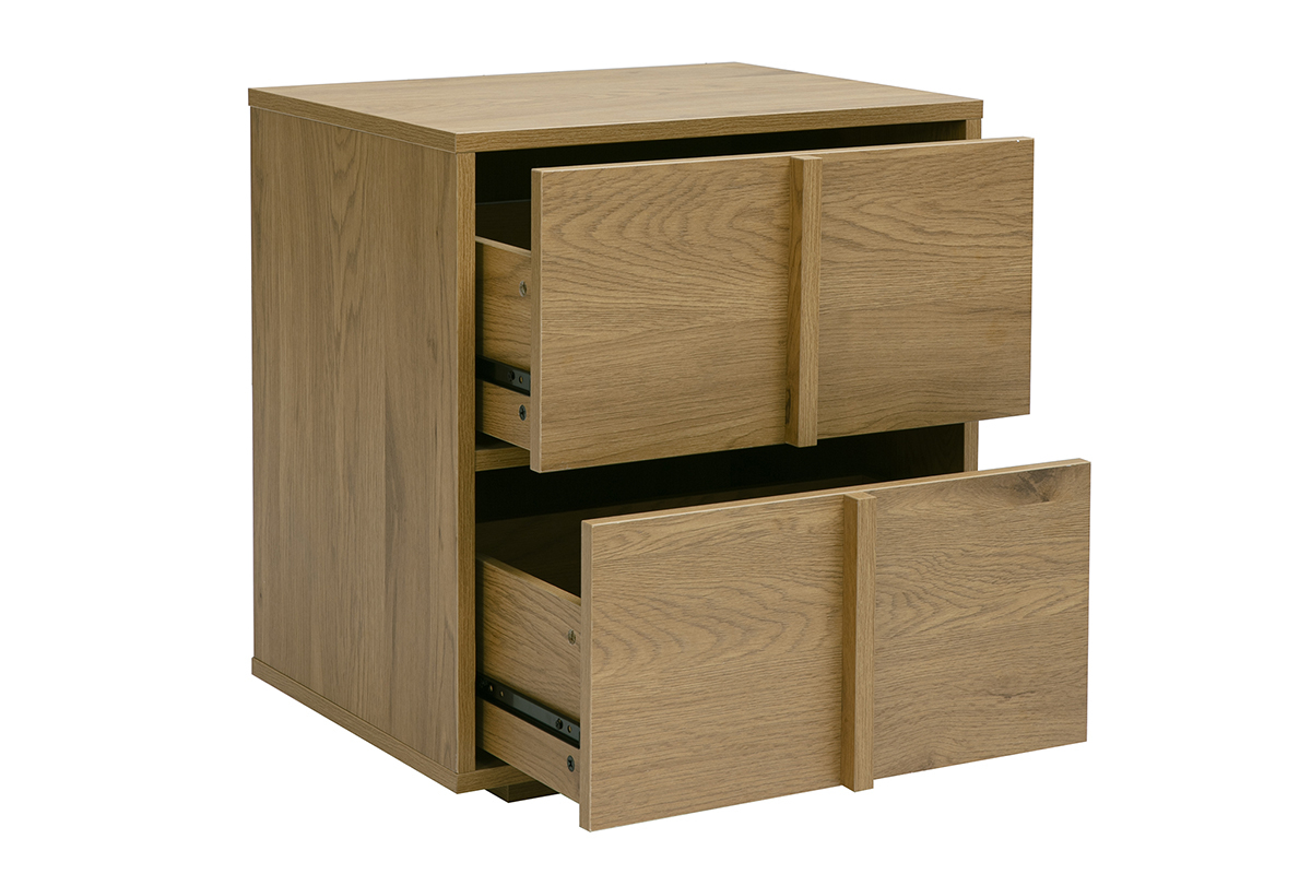 Comodino in legno chiaro rovere con 2 cassetti, vista a 3/4.