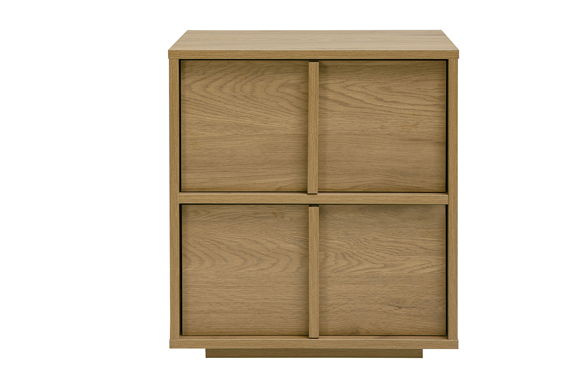 Comodino in legno chiaro con due cassetti, vista frontale