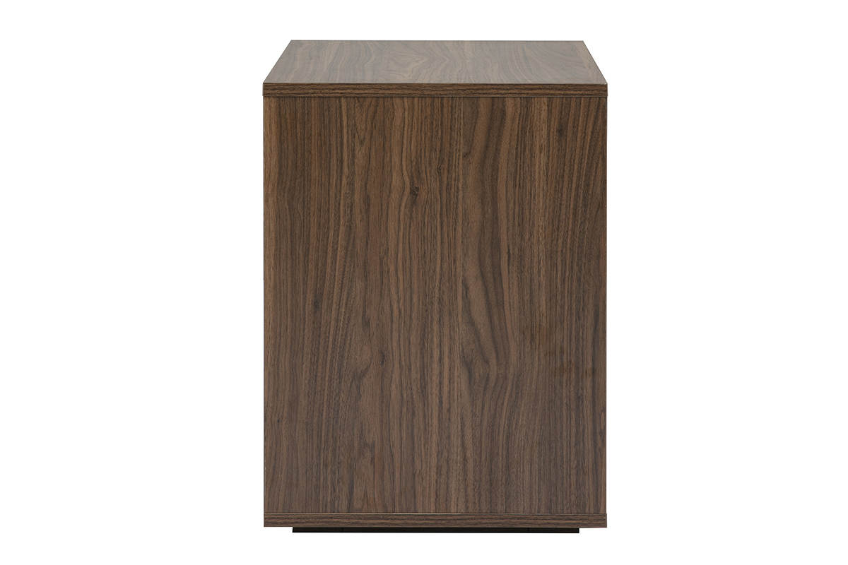 Comodino LOTHAIRE con finitura in legno noce scuro, vista laterale.