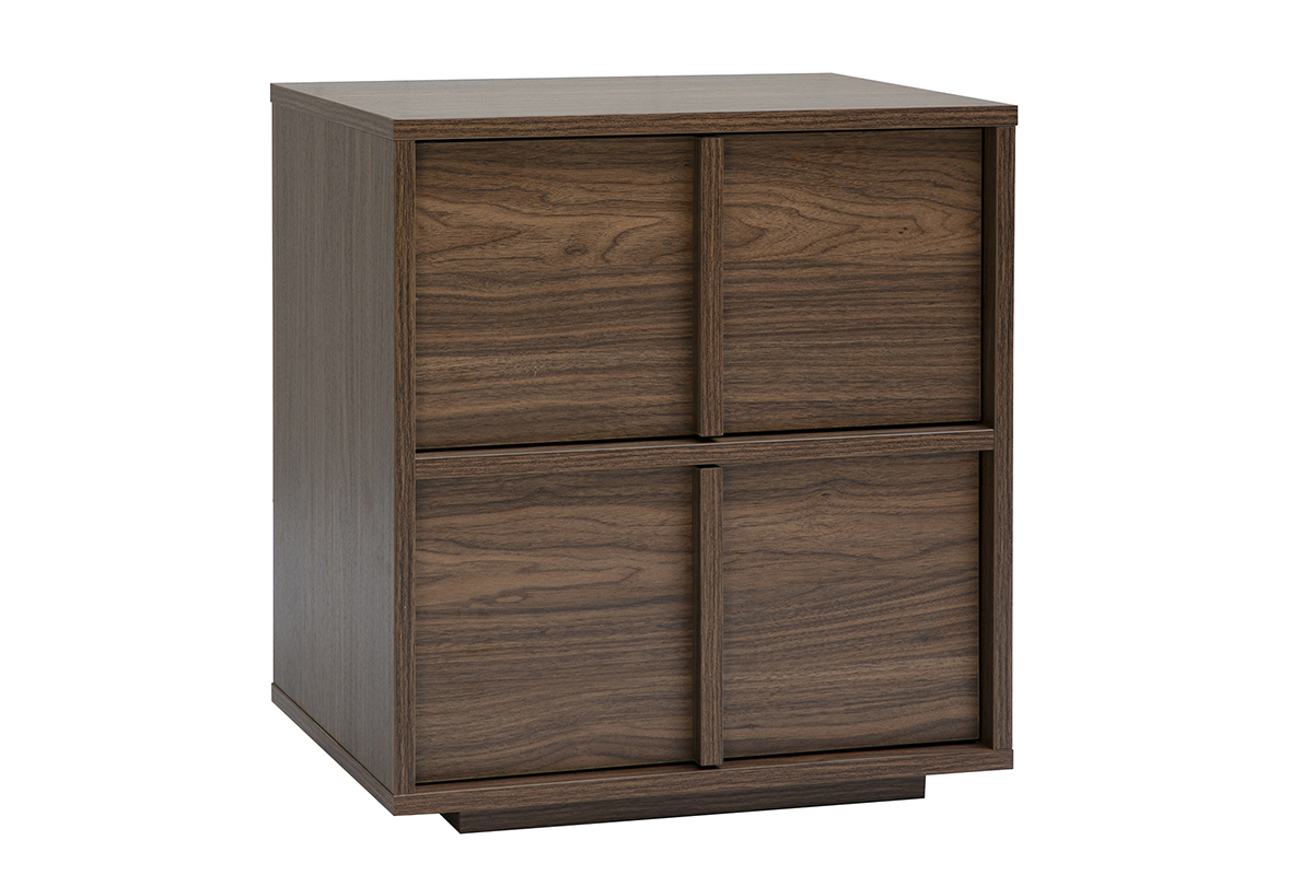 Comodino a 2 cassetti con finitura in legno di noce scuro, vista a 3/4