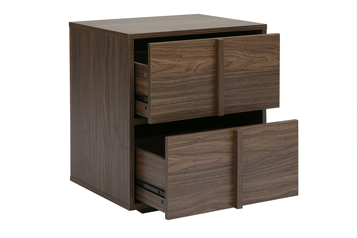 Comodino a 2 cassetti in legno scuro noce, vista a 3/4