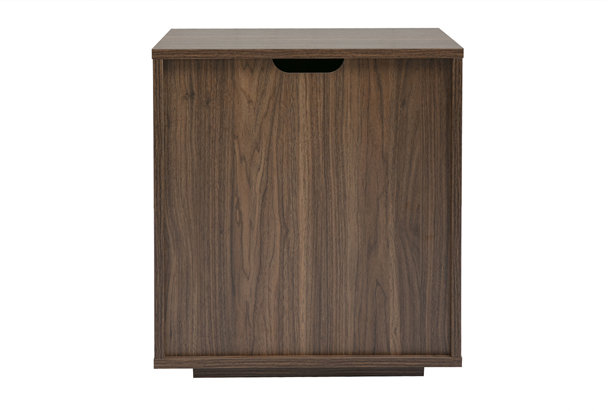 Comodino a 2 cassetti in legno noce scuro, vista posteriore.