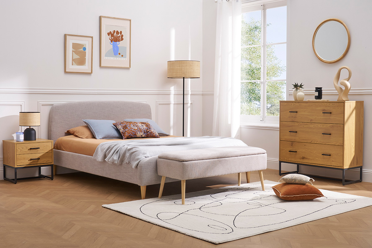 Comodino con 2 cassetti finitura legno chiaro rovere e metallo nero L50 cm LOVATO