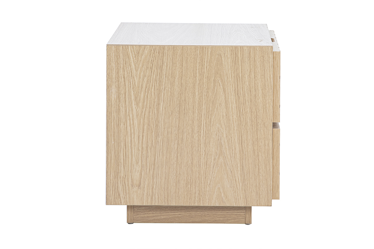 Tavolino da notte in finitura legno di quercia, vista laterale.