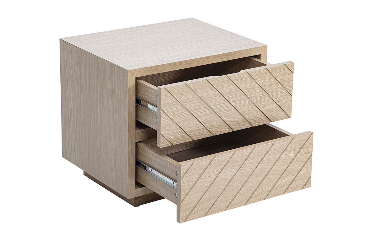 Comodino in legno di quercia con due cassetti aperti, vista da tre quarti.