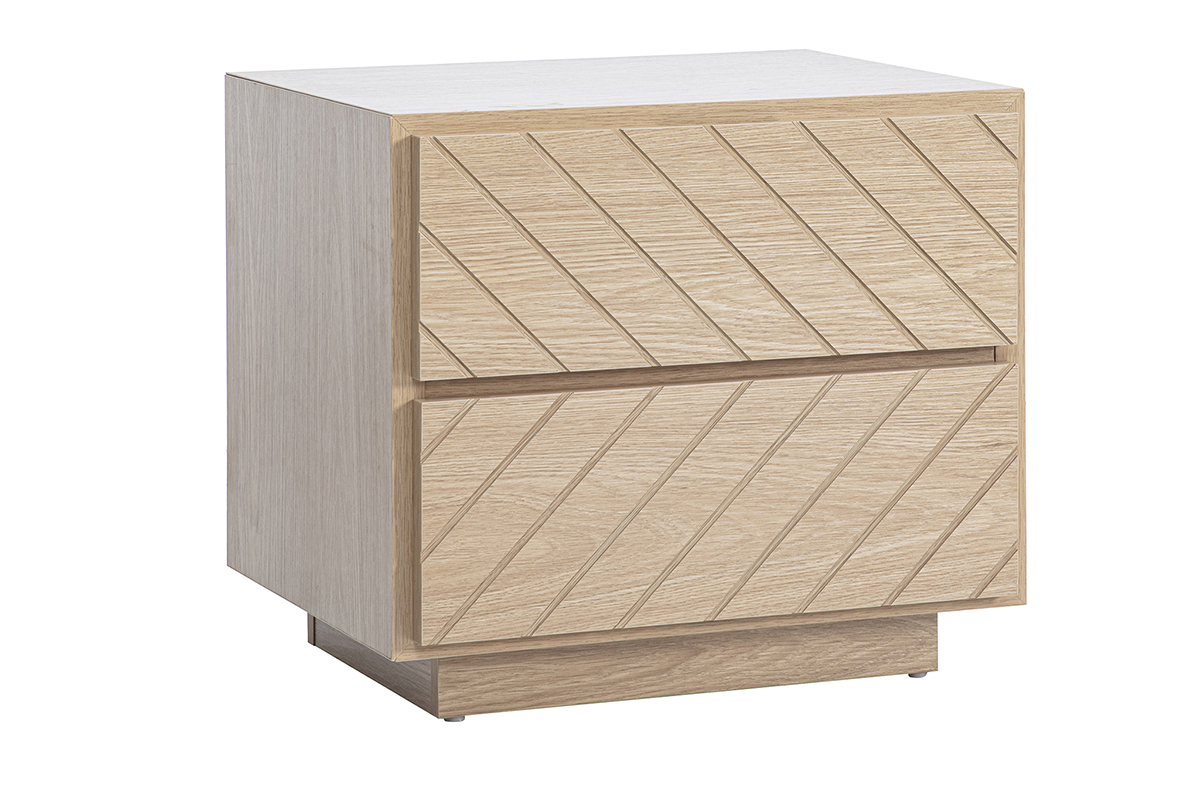 Comodino in legno di quercia con 2 cassetti, vista da tre quarti.