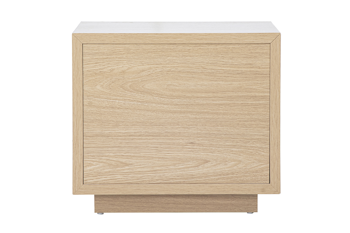 Tavolino da notte in legno di quercia MATALA con due cassetti, vista posteriore.