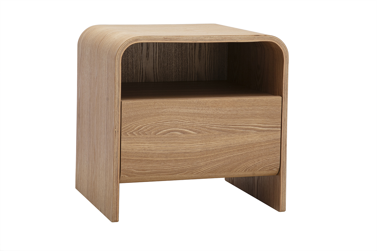 Comodino in legno chiaro frassino KYLIA con cassetto e nicchia aperta, vista a 3/4