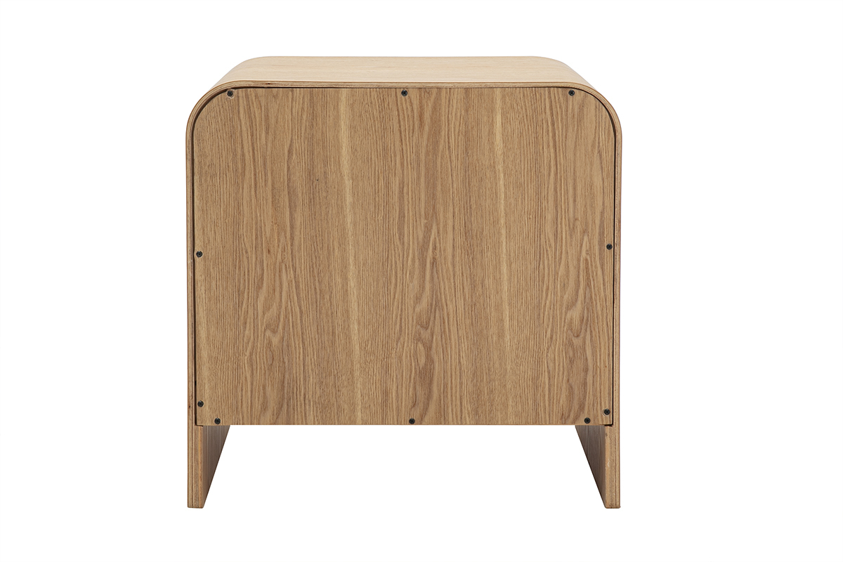 Comodino KYLIA in legno chiaro di frassino, vista posteriore, con linee curve e cassetto.