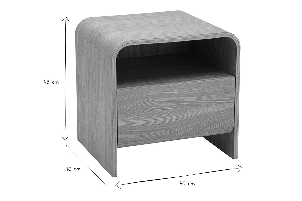Dimensioni del comodino KYLIA: L45 x P40 x H45 cm, in bianco e nero.