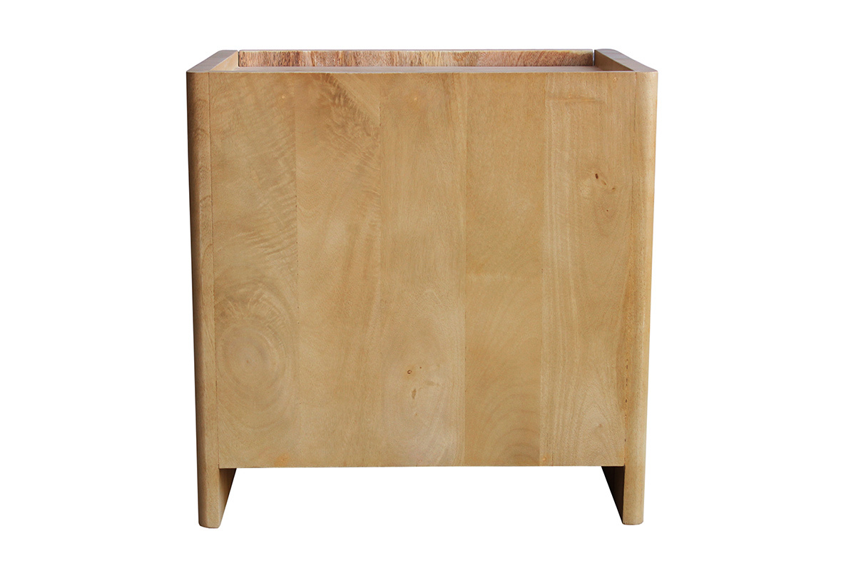 Vista posteriore di un comodino in legno massello di mango.