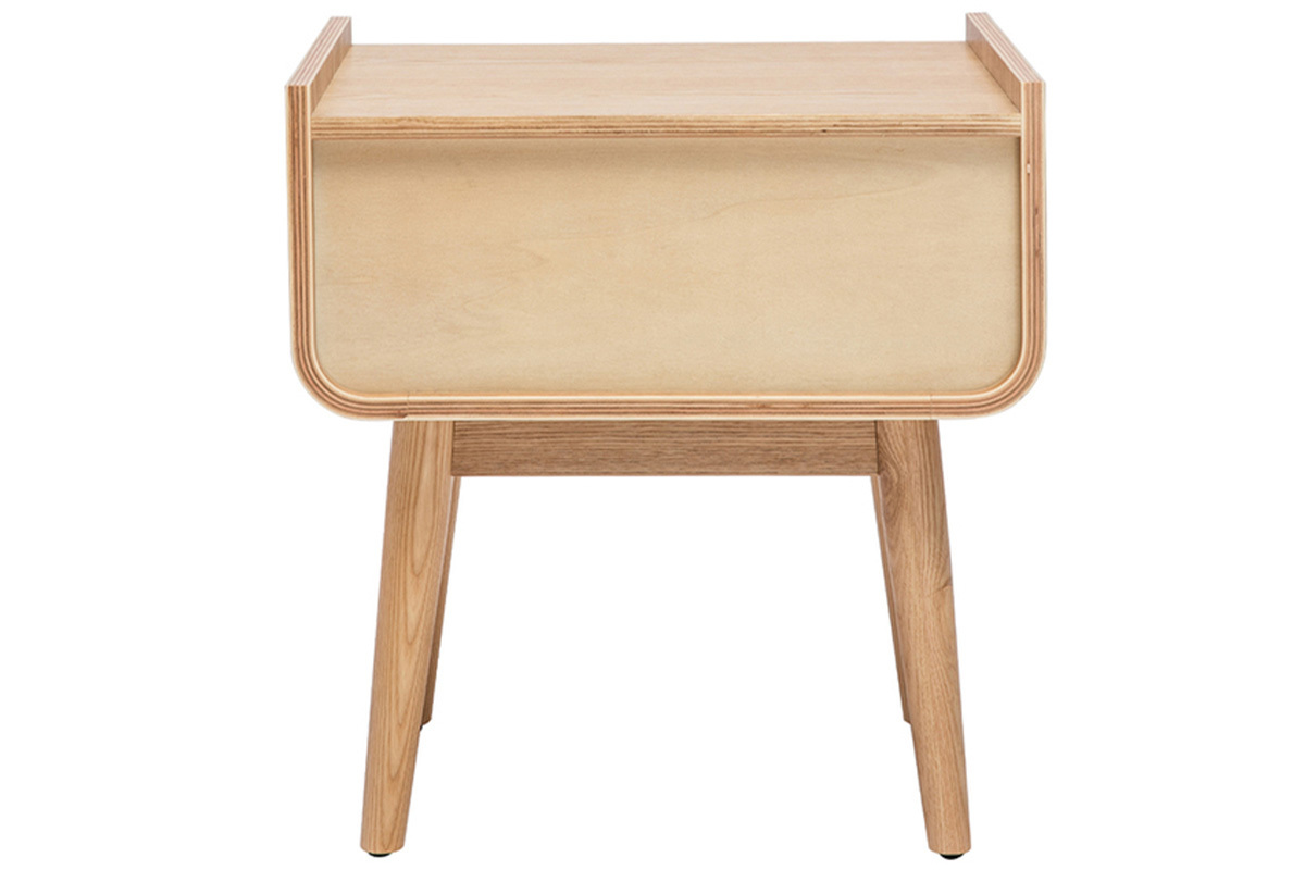 Comodino con cassetto in legno massello chiaro e motivo a intreccio in rattan ATHNE